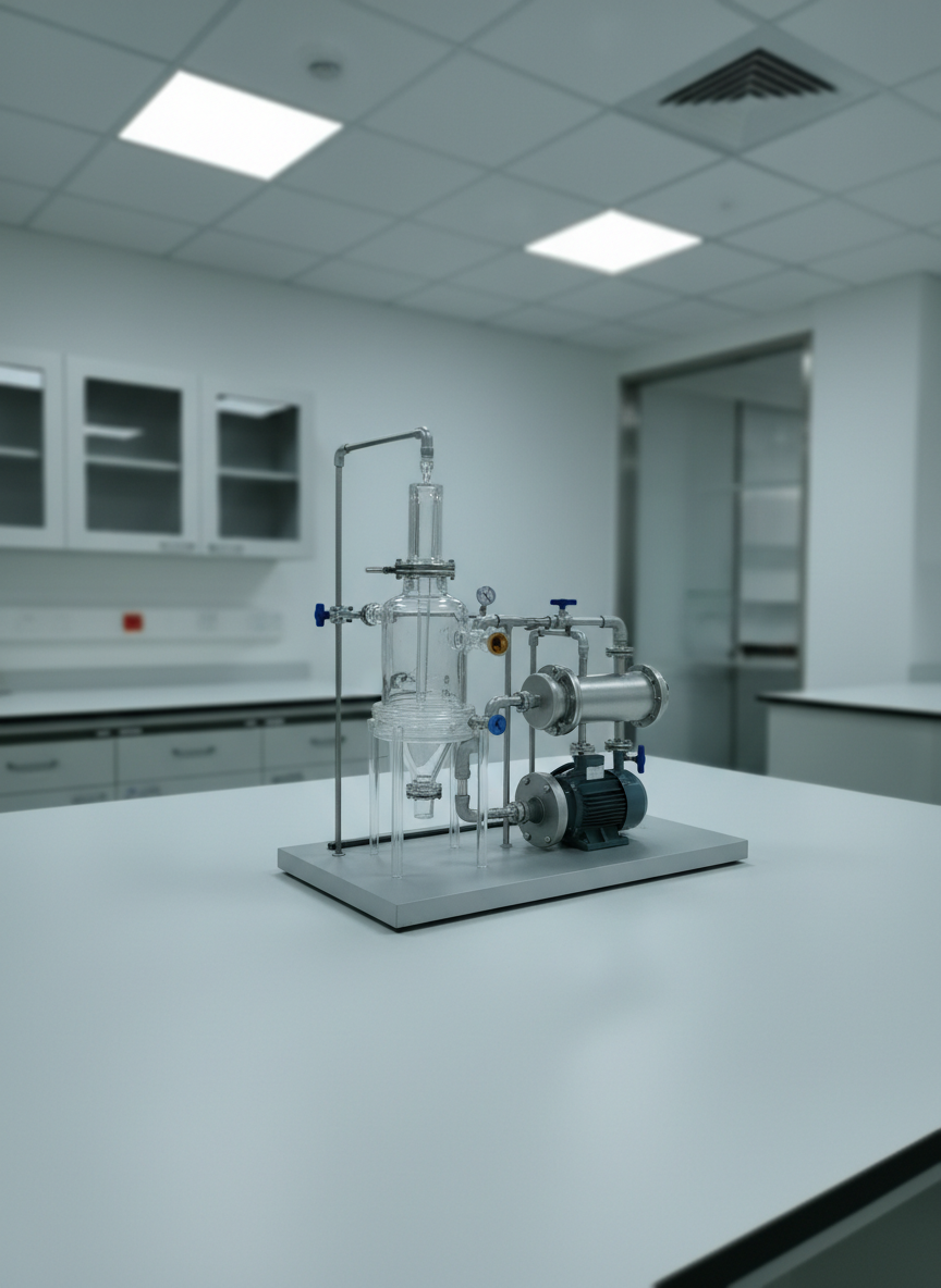 Un schéma de procédé rendu en réalisme photographique : une maquette physique en 3D d’un procédé de transformation de la matière, avec réacteur agité en verre borosilicaté transparent, échangeur de chaleur tubulaire miniature, pompe centrifuge et réseau de tuyaux codés par couleurs. La maquette est posée sur un large plan de travail blanc immaculé dans un laboratoire de génie des procédés ordonné, avec armoires métalliques claires en arrière-plan. Une lumière de laboratoire froide et homogène, provenant de panneaux LED au plafond, éclaire uniformément chaque élément, faisant ressortir volumes et matériaux. Prise de vue en légère plongée, composition centrée, profondeur de champ moyenne pour garder les équipements nets et le fond légèrement flouté. L’ambiance est claire, pédagogique et méthodique, parfaitement adaptée à l’illustration de ressources éducatives.