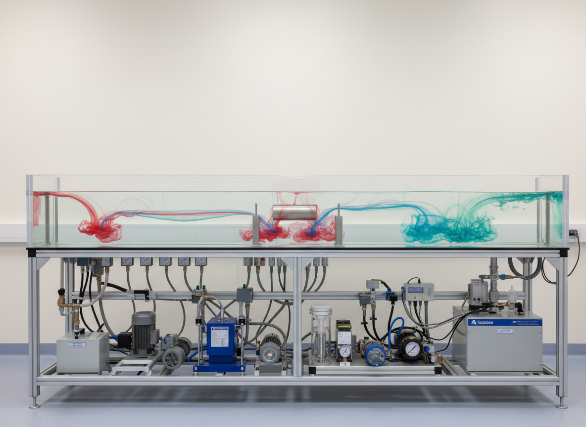 Une photographie réaliste d’un banc d’écoulement pour l’étude de la mécanique des fluides : un long canal transparent en plexiglas rempli d’eau claire, où l’on voit distinctement des filets colorés s’écouler autour d’un obstacle cylindrique, révélant zones laminaires et turbulentes. Sous le canal, une structure métallique bien ordonnée supporte pompes et instrumentation. Le banc est placé dans un laboratoire lumineux aux murs pâles, avec câbles et tuyaux soigneusement rangés. L’éclairage est blanc neutre, diffus, sans reflets gênants sur le plexiglas. La caméra est positionnée à hauteur du canal, en cadrage horizontal, pour accentuer la longueur de l’écoulement, avec mise au point nette sur les lignes de courant. L’ambiance est précise et expérimentale, idéale pour illustrer les phénomènes d’hydrodynamique.