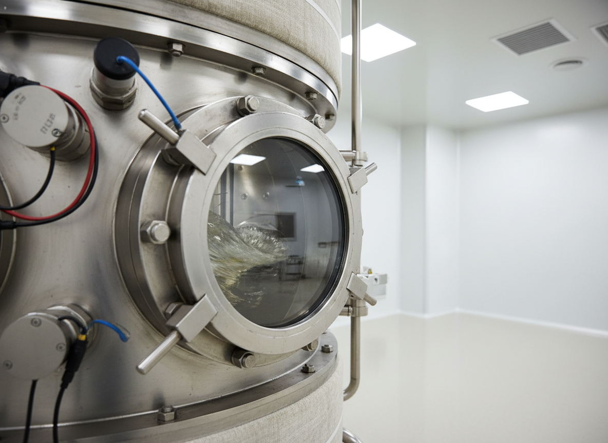Un gros plan photographique d’un réacteur chimique agité en acier inoxydable, vu à travers un hublot circulaire propre, montrant un écoulement tourbillonnaire d’un liquide légèrement coloré. À l’extérieur, on distingue les brides boulonnées, les capteurs de température et de pression, et une gaine de chauffage isolée. Le réacteur est intégré dans une salle de procédé claire, aux parois claires et surfaces faciles à nettoyer. Un éclairage artificiel blanc neutre venant du plafond crée des reflets précis sur l’acier et met en valeur la transparence du fluide. La prise de vue est à hauteur du hublot, avec une faible profondeur de champ pour focaliser sur le mouvement interne. L’atmosphère est technique, concentrée et professionnelle, aidant à visualiser les phénomènes de mélange et de transfert.