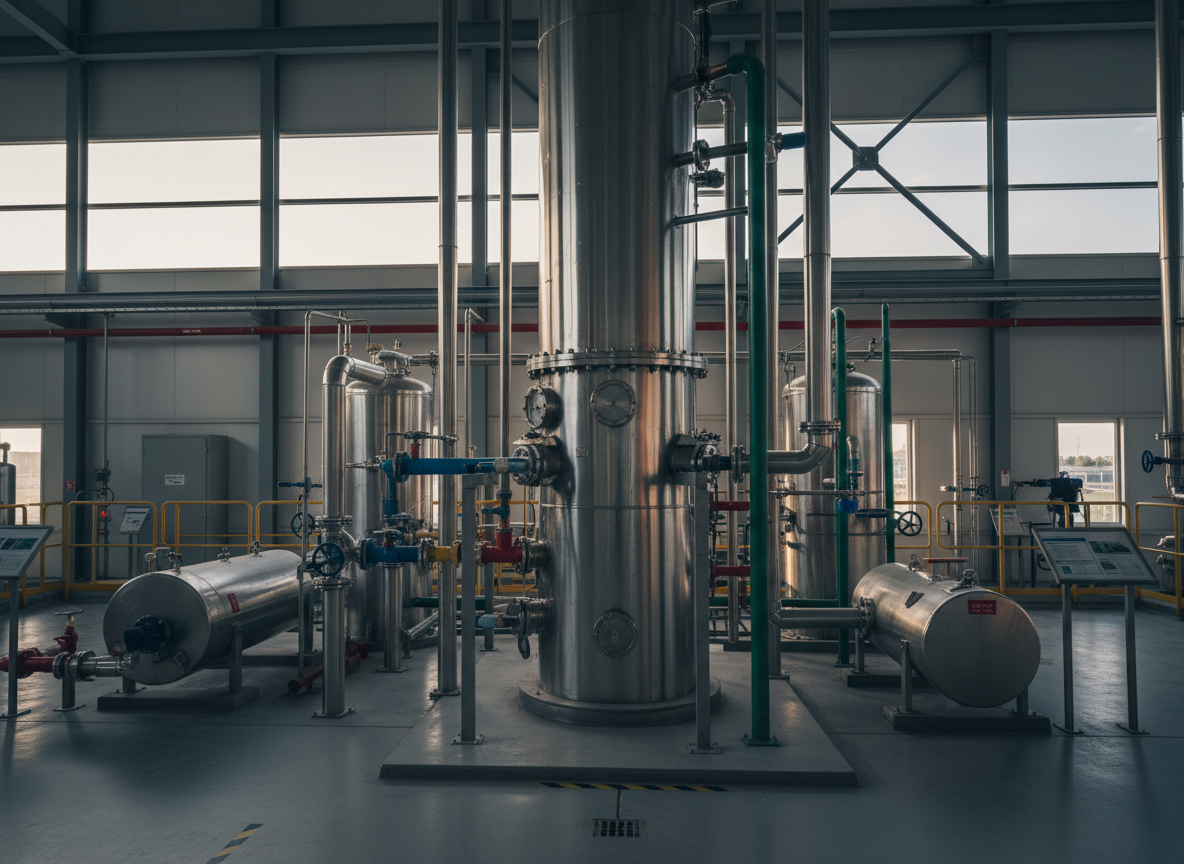 Une vue photographique réaliste d’une grande colonne de distillation en acier inoxydable, brillante et détaillée, au centre d’une unité de génie des procédés. La colonne verticale est entourée de faisceaux de tuyauteries colorées, d’échangeurs de chaleur cylindriques et de réservoirs horizontaux, tous clairement identifiables. L’environnement évoque une zone industrielle propre avec sols en béton lisse et structures métalliques peintes. Une lumière naturelle légèrement diffuse de fin d’après-midi filtre par de larges ouvertures, créant des reflets précis sur le métal et des ombres nettes mais douces. La composition est en légère contre-plongée, avec une grande profondeur de champ, pour une atmosphère professionnelle, didactique et rigoureuse, dans un style de réalisme photographique sobre et contemporain, adapté à un site éducatif.