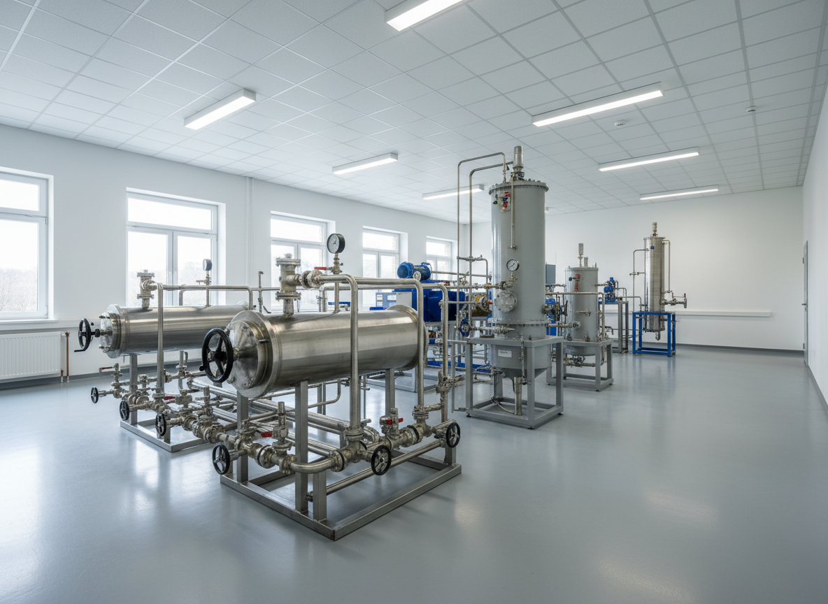 Une vue panoramique photographique d’une salle de génie des procédés dédiée aux opérations unitaires : au premier plan, une installation de transfert de chaleur avec deux échangeurs tubulaires brillants et un réseau de vannes manuelles clairement visibles ; plus loin, un module de filtration à membrane avec son carter cylindrique et ses manomètres, puis une petite tour d’absorption. Le sol en résine lisse et les murs blancs créent un cadre très propre. Une lumière naturelle latérale, complétée par un éclairage fluorescent au plafond, assure une excellente lisibilité des formes. La caméra est placée à hauteur d’œil avec une grande profondeur de champ pour que chaque équipement apparaisse net. L’ambiance est studieuse et structurée, idéale pour expliquer la diversité des phénomènes de transfert matière-énergie.