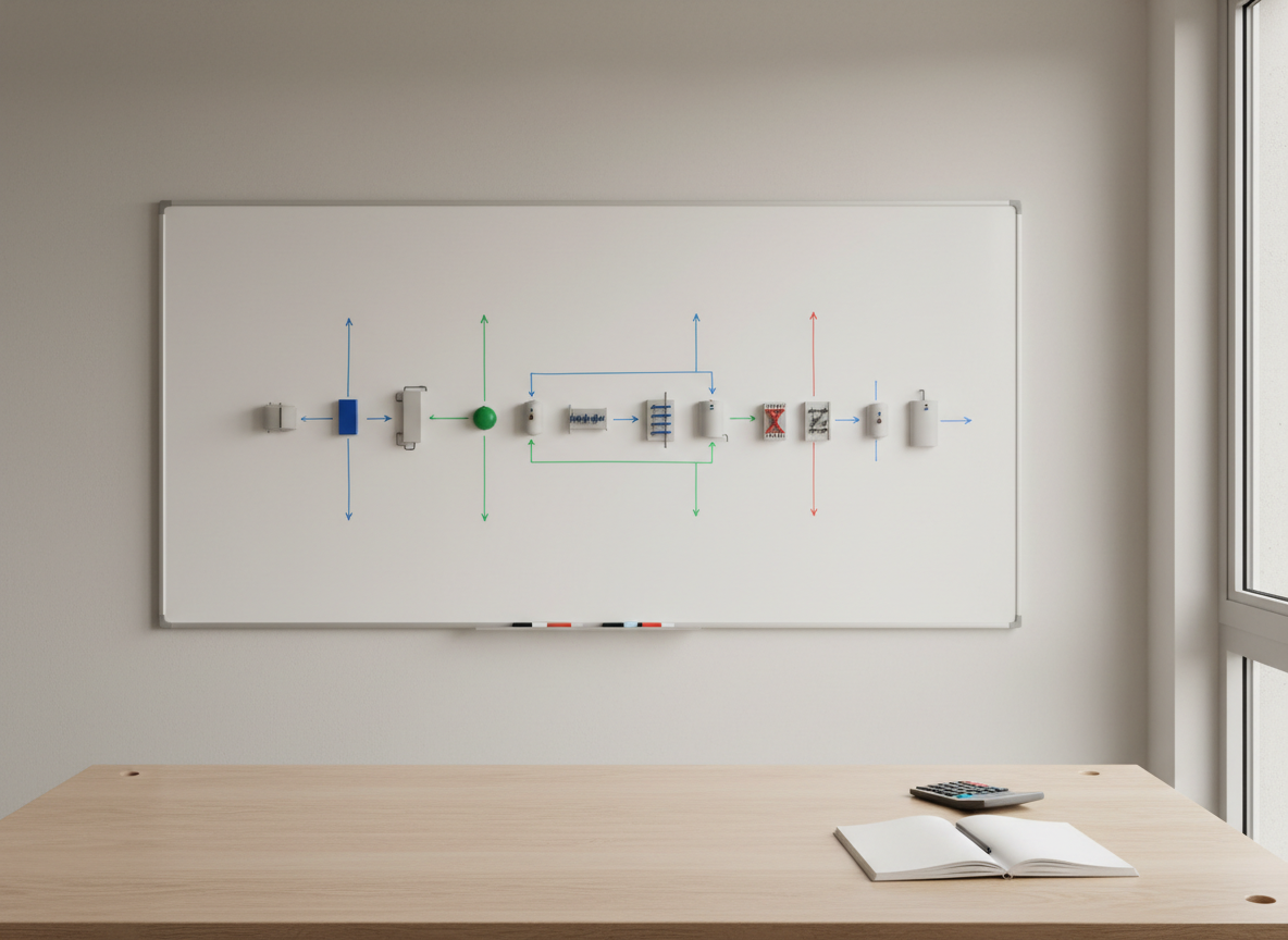 Une image photographique très détaillée illustrant un bilan de matière et d’énergie : sur un large tableau blanc magnétique fixé à un mur clair, sont soigneusement alignés des modules physiques de procédé miniatures sans aucun texte, uniquement des formes de réservoirs, d’échangeurs, de réacteurs et de flux représentés par de fines flèches colorées en plastique. Le tableau est posé dans une salle silencieuse avec une grande table de travail en bois clair au premier plan, où reposent une calculatrice scientifique et un carnet vierge sans écriture. Une lumière douce et diffuse venant d’une baie vitrée latérale crée une atmosphère calme et analytique. Prise de vue en légère plongée, profondeur de champ moyenne, composition équilibrée type règle des tiers, pour un rendu pédagogique, moderne et minimaliste.